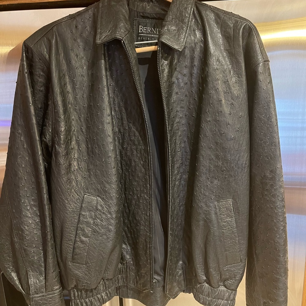 Black Real Ostrich Leather Bomber Jacket